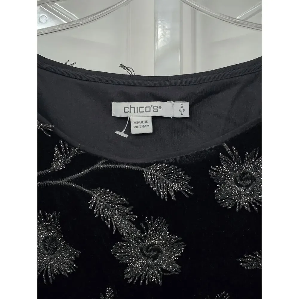 Chico’s Dress 3D Embroidered Floral Bell Sleeve Midi Black Velvet Size 2 Large